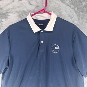 Malbon Golf Mens Short Sleeve Polo Shirt Navy Blue White Collar Graphic Size S